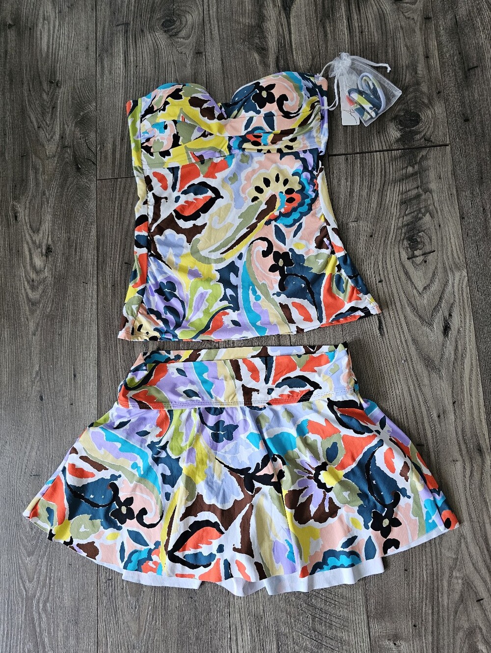 Anne COLE Colorful Paisley Strapless Tankini Top and Skort Set